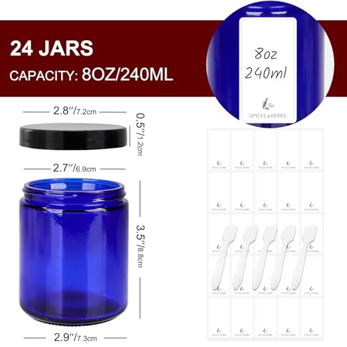 8 oz Blue Glass Jars with Black Plastic Lids, 24 Pack 240ml Round Empty Candle Jars Cosmetic Jars Food Storage Containers for Craft, Powder, Liquid, Sample, Face Cream Lotion