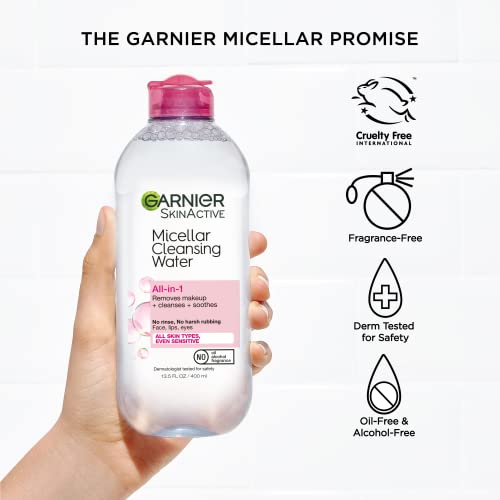 Garnier Micellar Cleansing Water,All-in-1 Makeup Remover and Facial Cleanser,For All Skin Types,3.4 Fl Oz (100mL),(Packaging May Vary),(Pack of 2)