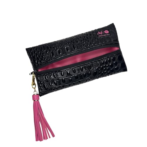 Makeup Junkie Mini Makeup Bag - Bubble Gator Onyx - Patented Lay Flat Travel Toiletry Bag for Women - 4" x 7" Handmade USA Cosmetic Pouch with Wipeable Lining