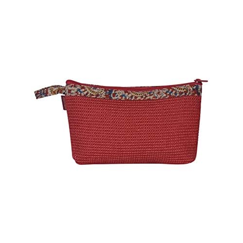 Eco-Friendly Dobby Kalamkari Pouch | Small Red Jute Bag with 2 Zippers | Reusable, Durable, Sustainable Handcrafted Travel & Cosmetic Organizer for Women & Men