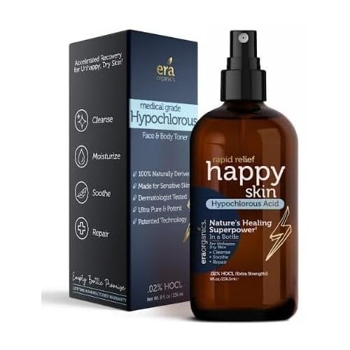 Happy Skin .02% Hypochlorous Acid Spray Toner? Extra Strength, Extra Gentle 100% Natural Toner & Skin Cleanser for Face & Body? Soothe, Hydrate & Repair Dry, Sensitive Skin? pH Balanced, Non-Toxic 8oz