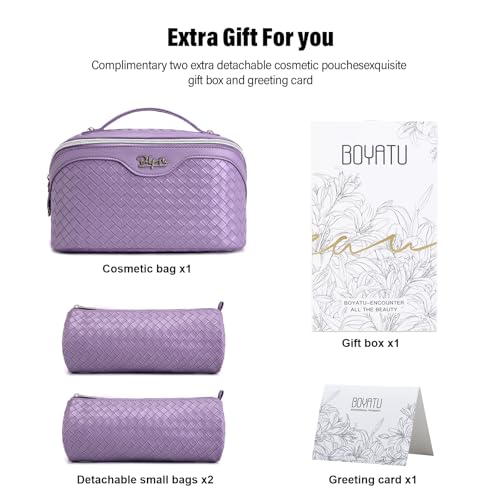 BOYATU Travel Makeup Bag Cosmetic Bags for Women: Large Capacity 3 Pcs Set Make up Bag with Compartments - Waterproof Vegan Leather Toiletry Organizer Bags with Handle (L01 Purple)