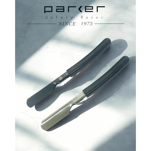 Parker Director Black Non-Folding Straight Barber Razor ? Japanese-Style Razor with Stainless Steel Arm, Blade Protector Cap & Ergonomic Non-Slip Handle ? Ideal for Professionals - 5 Blades Included
