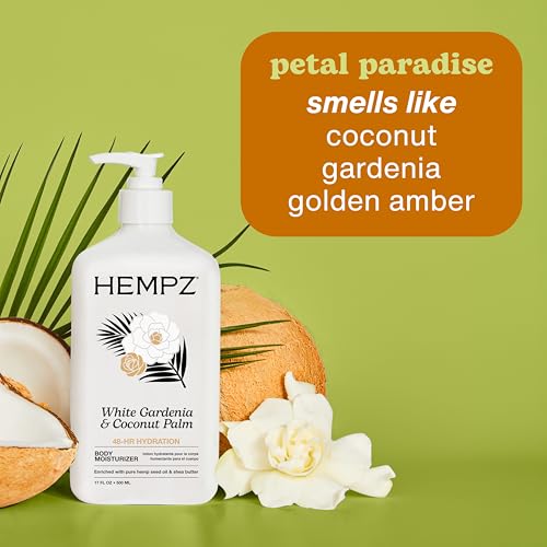 Hempz Body Lotion Moisturizer - White Gardenia & Coconut Palm - Daily Moisturizing Cream, Shea Butter, Coconut Oil - Skin Care Products, All Natural Hemp Seed Oil - 17 Fl Oz