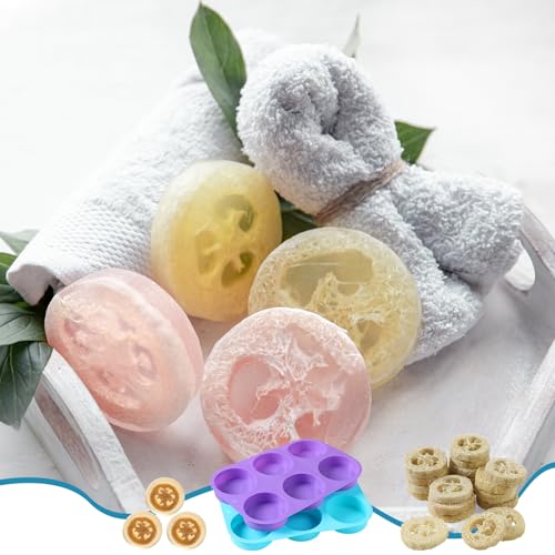 Sliner 4 Pcs 3 Inch Round Silicone Soap Molds & 24 Natural Loofah Sponges, Exfoliating Body Scrubbers for Soap Making, Shower Steamers, Bath Bombs, Lotion Bars - Suitable for Women and Men