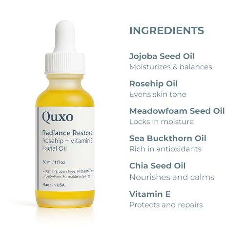 Quxo Radiance Restore Rosehip & Vitamin E Facial Oil for Face, Neck & D?collet? ? Lightweight Nourishing Formula ? Non-Greasy, Fast-Absorbing, Vegan, Fragrance-Free ? 30ml