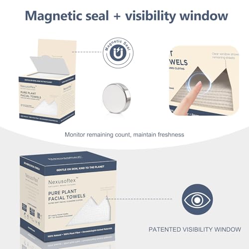 Premium Disposable Face Towels, 10"x12" XL, 90gsm Ultra-Thick 100% USDA Biobased Facial Towel, Gentle for All Skin Types, Magnetic Closure Box with Visibility Window (1 pack of 50ct)
