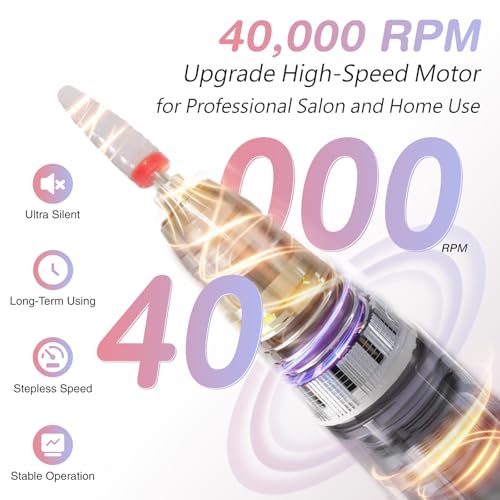 Electric Nail Drill Machine Professional, 40000 RPM Cordless Nail File Low Noise, Portable Rechargeable Nail Drill with Bits Kit for Acrylic Gel Nails Manicure & Removal