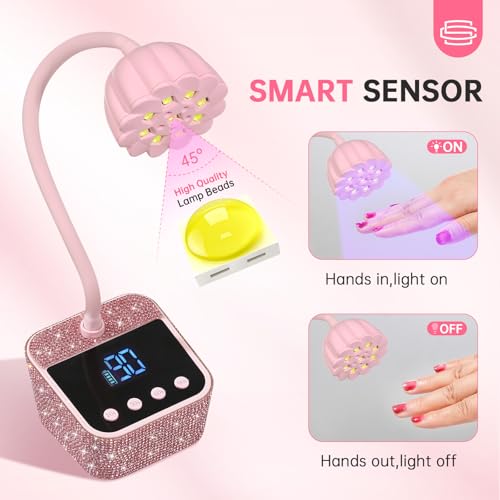 UV Nail Lamp, Mini UV Light for Gel Nails Polish, Rechargeable Nail Dryer with 4 Timers, Quick Drying Cordless Goosenecks Home Nail Salon DIY Manicure Pink Diamond