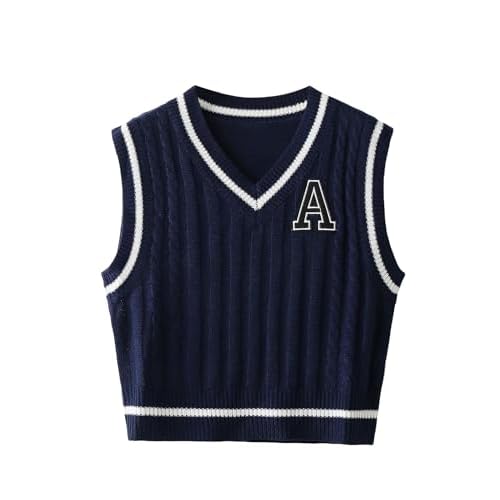 Floerns Women's V Neck Letter Striped Trim Sleeveless Sweater Vest Knit Top