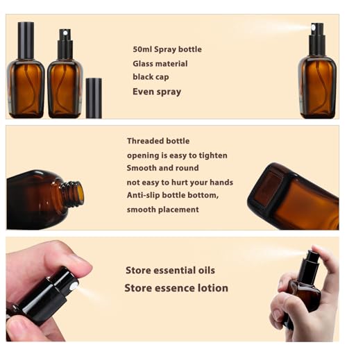 6Pcs 50ml Square Amber Glass Spray Bottles for Essential Oils 1.7oz Empty Small Fine Mist Spray Bottle,for perfume Liquids Travel Container (Amber, 50ML)