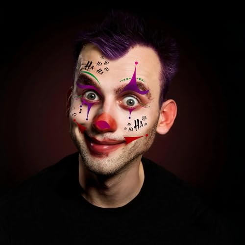 HOWAF 4 Sheets Halloween Clown Face Tattoos Joker Full Face Temporary Tattoos, Hallows' Eve Creepy Clown Evil Costume Tattoo Stickers, Jokers Clowns cosplay Make Up Facial Tattoo