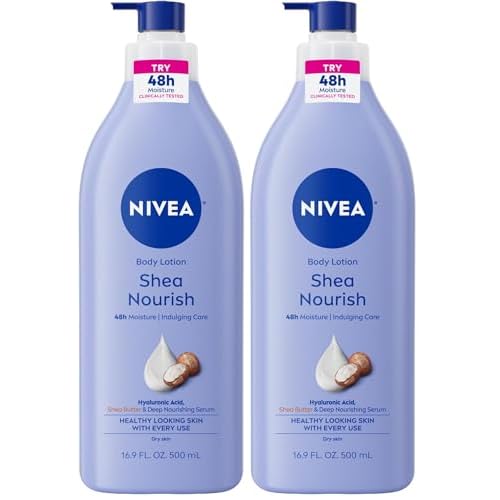 NIVEA Shea Nourish Body Lotion for Dry Skin with Hyaluronic Acid, Shea Butter and Deep Nourishing Serum, 48-Hour Body Moisturizer, 16.9 Fl Oz Pump Bottle (Pack of 2)