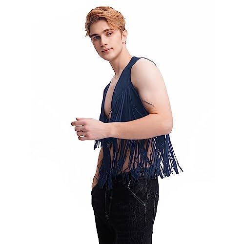 WDIRARA Men's Open Front Sleeveless Fringe Hem Party Club Jacket Vest Outerwear