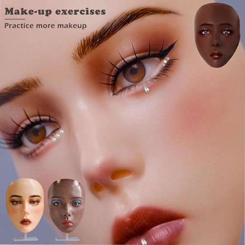 Silicone Makeup Practice Face Board Kit, Mannequin Face for Makeup Practice with Brushes Set & Eye Shadow & Rhinestones Sticker-Black