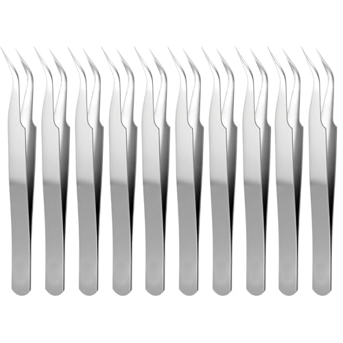 10 PCS Stainless Steel Eyelash Tweezer, Curved Pointed Craft Tweezers for Crafting with Protective Cover Precision Tweezers Set Multipurpose Nail Sticker Tweezer for Eyelash Extensions Blackhead