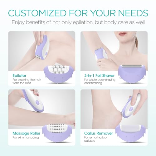 4-in-1 Electric Cordless Epilator for Women 21 Tweezers Purple and Green