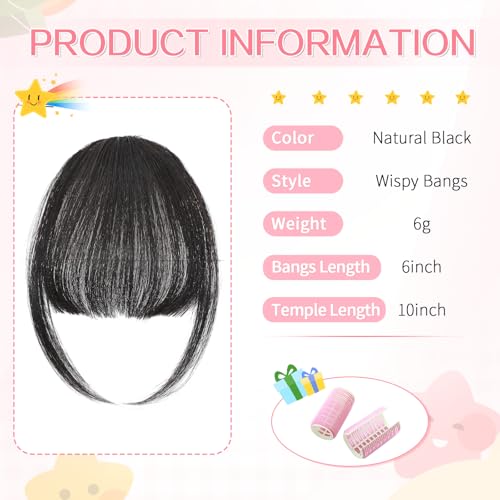 Clip in Bangs 100% Real Human Hair, Wispy Bangs Hair Clip, Fake Bang Fringe with Temples Hairpieces for Women Daily Wear (Natural Black, Wispy Bangs)