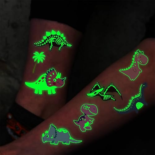 15 Sheets Glow in The Dark Cartoon Dinosaur Temporary Tattoos For Kids Boys Girls Face Hands, Night Glowing Luminous Tattoo Stickers Dino Tatoos Children, Party Stocking Stuffer Goodie Bags Fillers