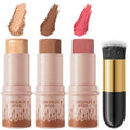 3Pcs Cream Contour Sticks Kit, Highlighter Stick Blush Stick Cream Contour Kit Makeup Set with Brush,Face Brightens & Shades Contour Stick Waterproof for Women