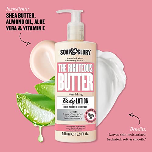 Soap & Glory Original Pink The Righteous Butter Moisturizing Body Lotion Pump (500ml) and Clean On Me Moisturizing Body Wash (500ml) - Unisex Rose & Bergamot Scented Cleanser & Lotion for Dry Skin