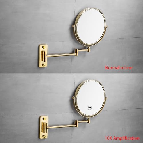 Gold 1x10x Double Sided Magnifying Bathroom Makeup Mirror 360 Degree Swivel Mirror Adjustable Telescopic Arm Wall Mount 8 Inch Non-Illuminated Beauty Mirror Shaving Mirror£¨Square Base£©