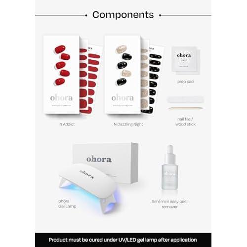 ohora Semi Cured Gel Nail Strip (2025 Christmas Gift Set (Limited Edition)) - Works with UV/LED Lamps, Salon-Quality, Long Lasting, Easy to Apply/Remove - Includes 2 Prep Pads, Nail File, Wooden Stick