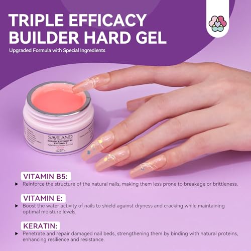 SAVILAND Builder Gel Nail Kit with Nail Drill - 3 Pcs Hard Gels for Nails(VE&VB5&Kerain) Clear Pink Nudes Builder Gel with Lamp Brush Nails Strengthener Gels for Extension Shaping DIY at Home Salon