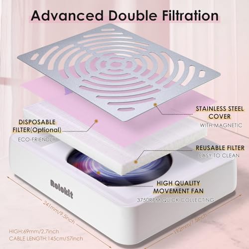 Nail Dust Collector with Lamp&50pcs Disposable Filter&Dusting Brush, Electric Nail Vacuum Cleaner Dust Fan Suction Machine for Manicure Acrylic Gel Nails Polishing, Low Noise,Salon Home
