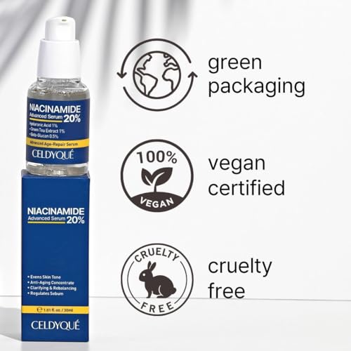 Niacinamide 20% + Hyaluronic Acid 1% Serum for Face w/Green Tea Extract - Pore Minimizer, Even Skin Tone, Fine Line Vitamin B3 Beta-Glucan Korean Skincare