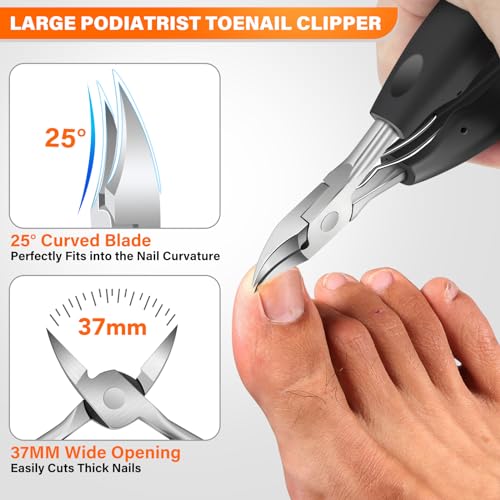 Toenail Clippers for Seniors Thick Toenails, Wide Jaw Opening Large Toe Nail Clippers for Men Thick Nails, Angled Head ErgonomIc Nail Clippers with Catcher, Slanted Curved Ingrown Toenail Clippers