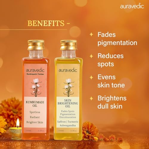 Auravedic Kumkumadi Oil & Skin Oil Combo | Saffron, Turmeric and Winter Cherry Infused Face Moisturizer | Hydrating & Moisturizing | for All Skin Types | 3.38Fl Oz (100ml)
