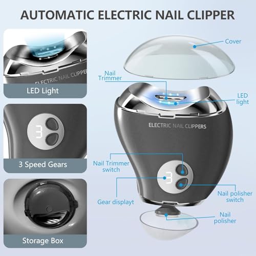 Electric Nail Clippers for Seniors and Women, LED Light Electric Nail Trimmer Adult with 3 Speeds, Safe Automatic Fingernail Grinder with Storage, Baby Nail Care, Do Not Trim Your Toenails (Black)