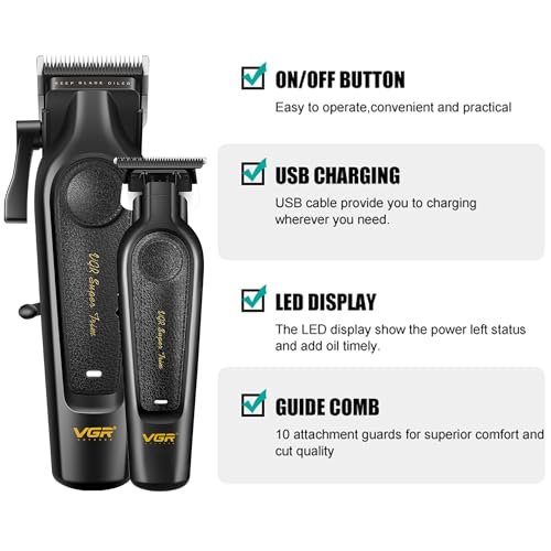 VGR Professional Hair Clippers for Men - Cordless Barber Clippers & Zero Gapped Trimmer Set, 7000RPM High Power Hair Cutting Kit with Ceramic Blade, USB-C Rechargeable Grooming Tools for Fade V197&995