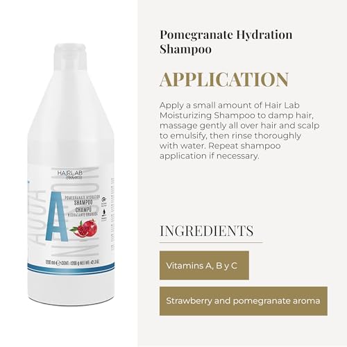 Salerm - Hydrating Shampoo - Hair Lab Pomegranate - 1200 ml - Gentle Cleanser - Suitable for Daily Use - With Vitamins A, B, and C - Paraben-Free - Vegan - Strawberry Scent