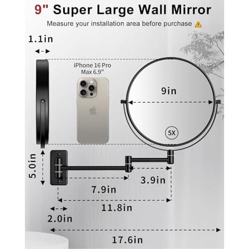 Gospire 9" Large Size Wall Mount Magnifying Mirror, 1X/10X Magnification Double-Sided, 360¡Æ Swivel Extendable Cosmetic Vanity Round Shaving Bathroom Mirror for Men and Women
