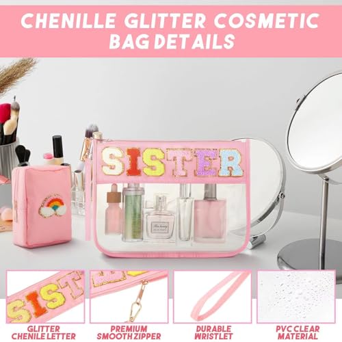2 Pcs Big Sister Gifts Cosmetic Makeup Bag with Chenille Letter Patch,with Handles PVC Waterproof Clear Makeup Bag,Portable Toiletry Storage Bag