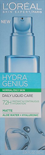 L'Oreal Paris Skincare Hydra Genius Daily Liquid Care Oil-Free Face Moisturizer for Normal to Oily Skin, Hyaluronic Acid Moisturizer for Face with Aloe Water and Hyaluronic Acid, 3.04 fl. oz.