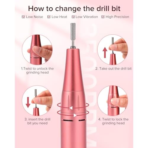 Electric Nail Drill - 50,000 RPM, Rechargeable, LED Display, Cordless Nail File Kit for Manicure, Pedicure, Acrylics & Gel Polish, Home & Salon Use-Pink