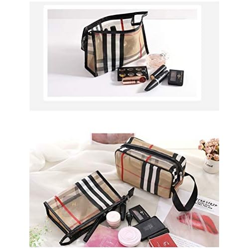 PVC Stripe Cosmetic Bag Waterproof Zipper Makeup Bag Multifunctional Large Capacity Mesh Bathroom Travel Storage Portable Bag Easy to Organize for Women Girl Khaki
