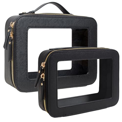 Clear Toiletry Bag Set for Women, Transparent Travel Makeup Case Portable Skincare Cosmetic Bag with Zipper Waterproof Makeup Pouch Car Organizers Car Accessories for Essentials (Dual Black)