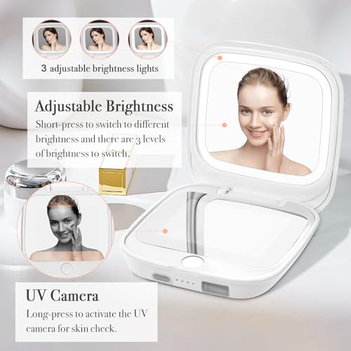 UV Camera Mirror for Sunscreen Test & SPF Detection, 1x/2x Magnifying Travel Mirror with Dimmable LED Lights, Handheld 2-Sided Portable Makeup Mirror for Handbag/Pocket,White