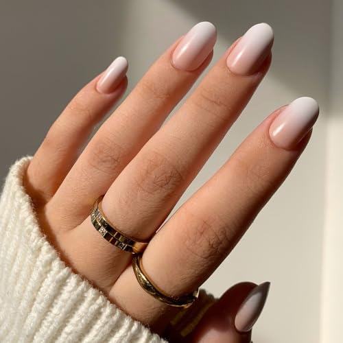 Glamnetic Press On Nails & Brush On Nail Glue Bundle - Creamer | Neutral Ombre Short Round Nails, Reusable | 15 Sizes - 30 Nail Kit with Glue