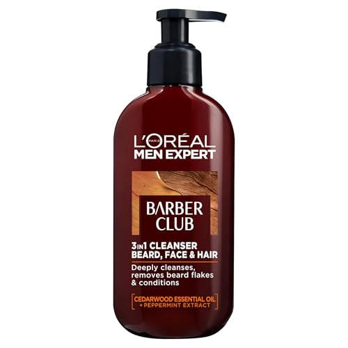 L¡¯Oreal Paris Men Expert Cleansing 3-in-1 Beard, Face & Hair Wash 200ml, Barber Club Wash With Cedarwood Essential Oil, Deeply Cleanses and Removes Beard Flakes