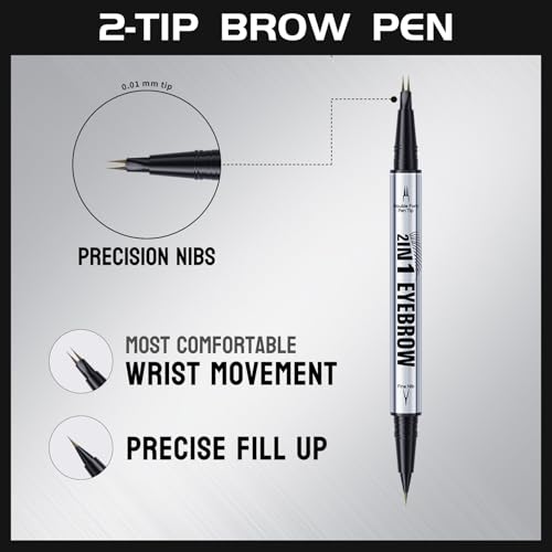 Eyebrow Pencil Curved Eyebrow Pen, Microblading Eyebrow Pen 2-in-1 Dual-Ended with 2-Fork-Tip & Precise Brush-Tip with Eyebrow Brush, Waterproof Natural Brow for Women (03#DARK BROWN)