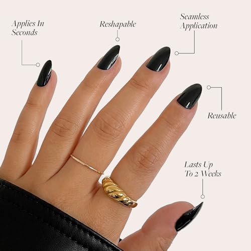 Glamnetic Press-On Nails - Boba | Super Strong Brush On Nail Glue & Nail Adhesive Tabs | Opaque Black Short Almond Nails, Reusable | 12 Sizes - 24 Nail Kit