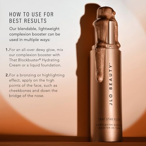 JLO BEAUTY Complexion Booster Highlighter & Bronzer for Face & Body, Rose Gold, Lightweight Skin Care Makeup Primer with Vitamin E, Sheer Shimmer Skin Tint for a Dewy Glow, That Star Filter, 1 Fl Oz