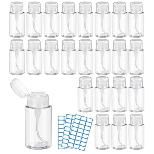 24 Pcs Push Down Pump Dispenser, Lockable Empty Refillable Bottles for Nail Polish Remover, Acetone & Makeup Remover, 6.8oz/200ml Clear Cosmetic Container with Labels