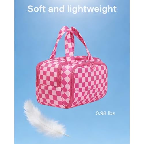 LETGO Travel Toiletry Bag, Spacious Checkered Toiletry Bag for Women,Large Toiletry Bags for Traveling,Lightweight Travel Cosmetic Makeup Bag Organizer for Accessories,Toiletries (Pink Checkered)