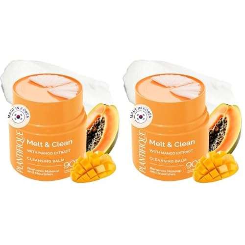 PLANTIFIQUE Korean Cleansing Balm Makeup Remover with Mango & Papaya Extracts, Hyaluronic Acid and Ceramide - Nourishing Melting Cleanser for All Skin Types 1.41 oz / 40 g (Pack of 2)